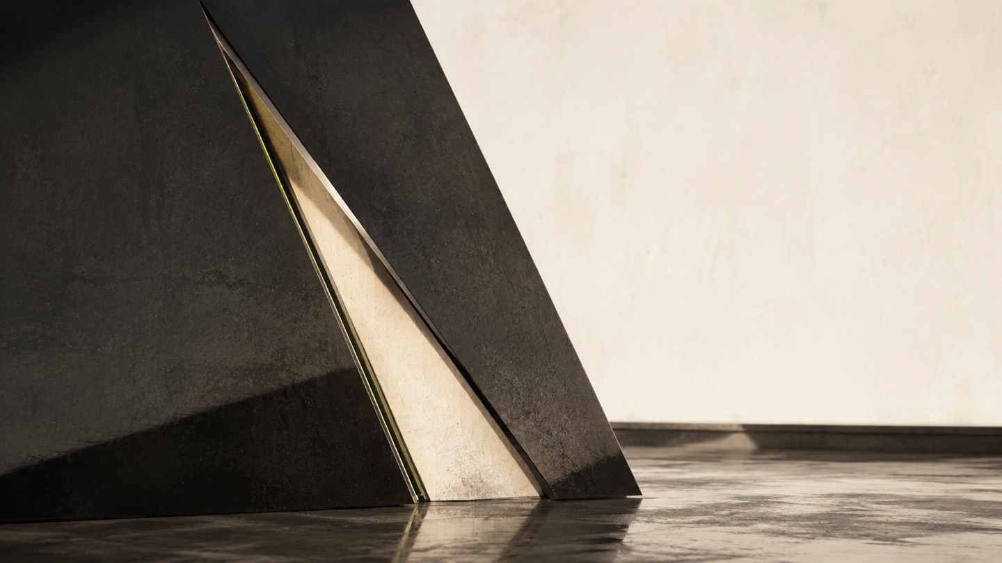 A monumental folded matte-black wall cut by one narrow bone-lit incision with a hairline of lime inside it, standing on a wet mineral floor against a warm bone wall under hard equatorial light.