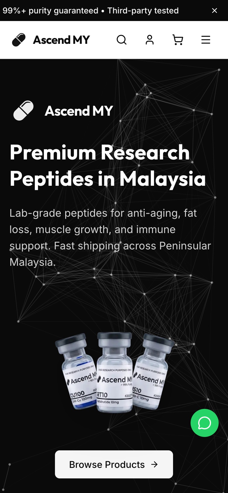 Ascend Peptides on a 390px phone, the top of the page.