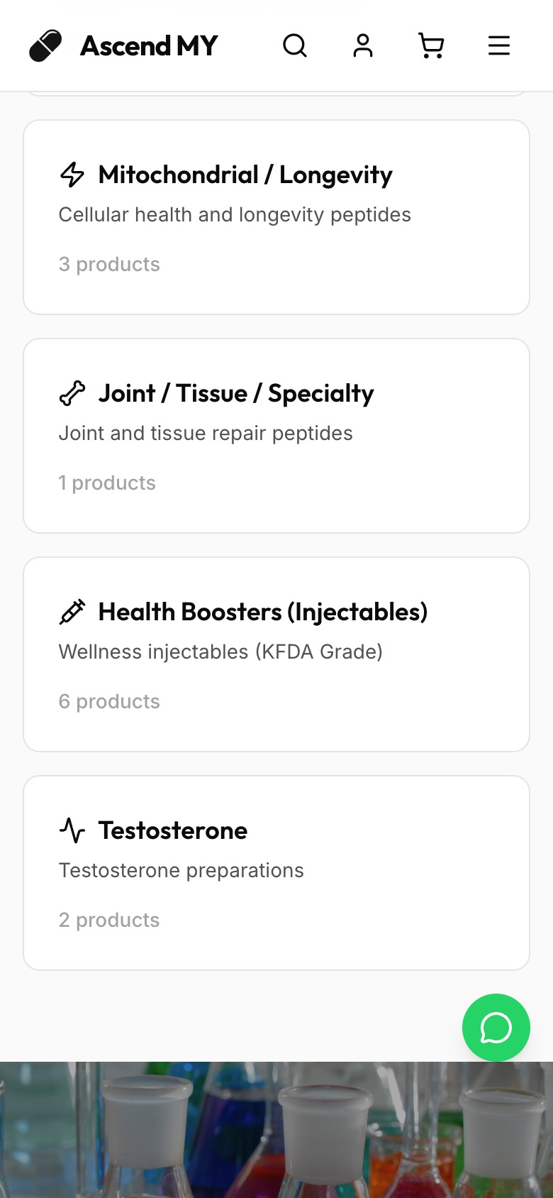 Ascend Peptides on a 390px phone, section 2.