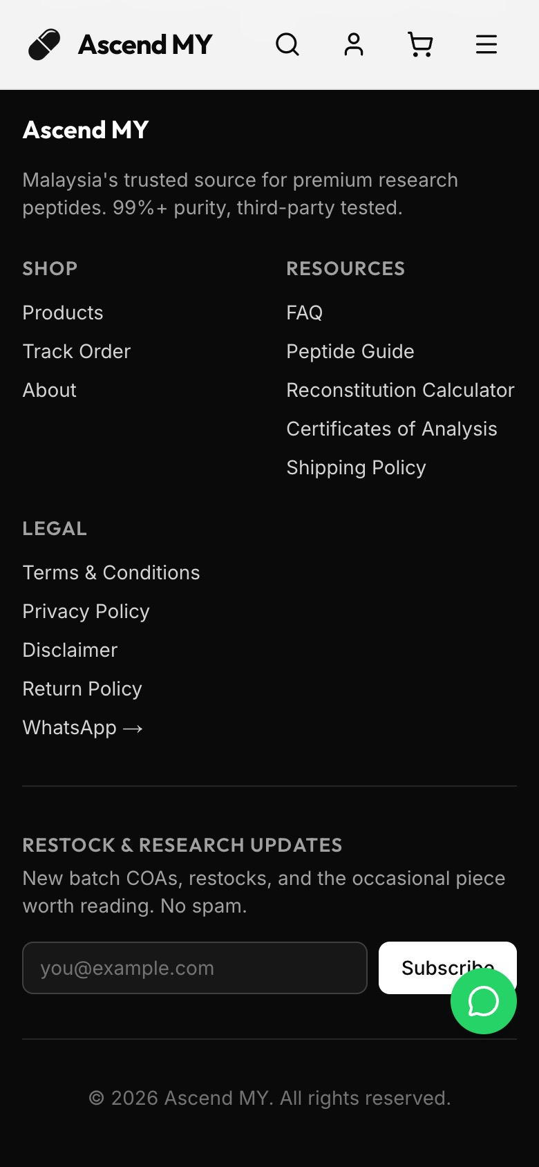 Ascend Peptides on a 390px phone, section 3.