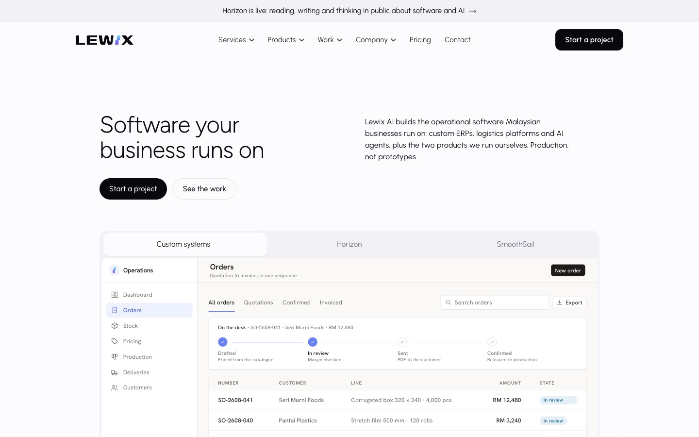The Lewix company website, desktop, the top of the page.