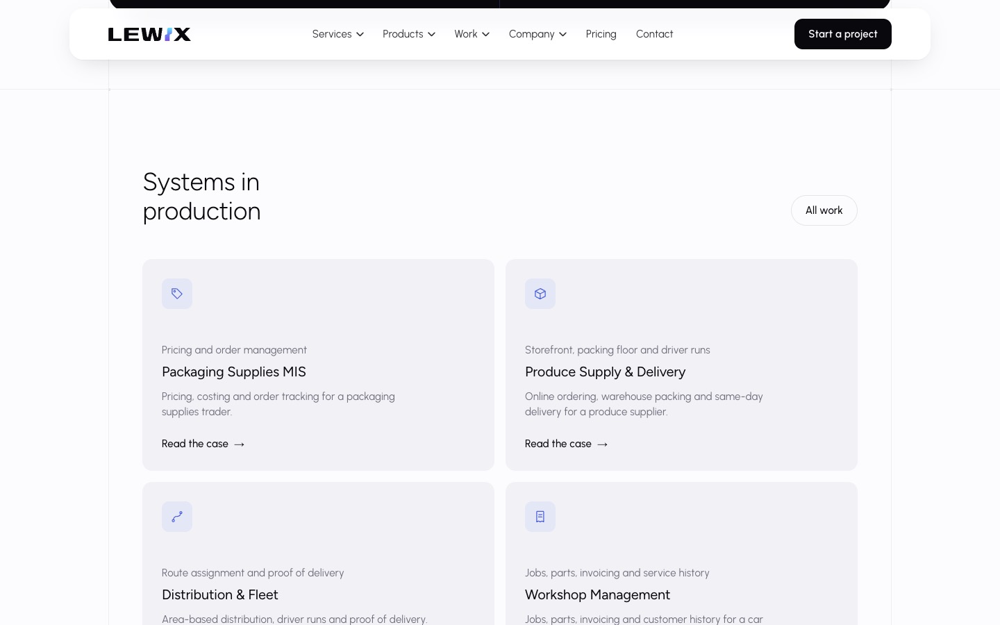 The Lewix company website, desktop, section 3.
