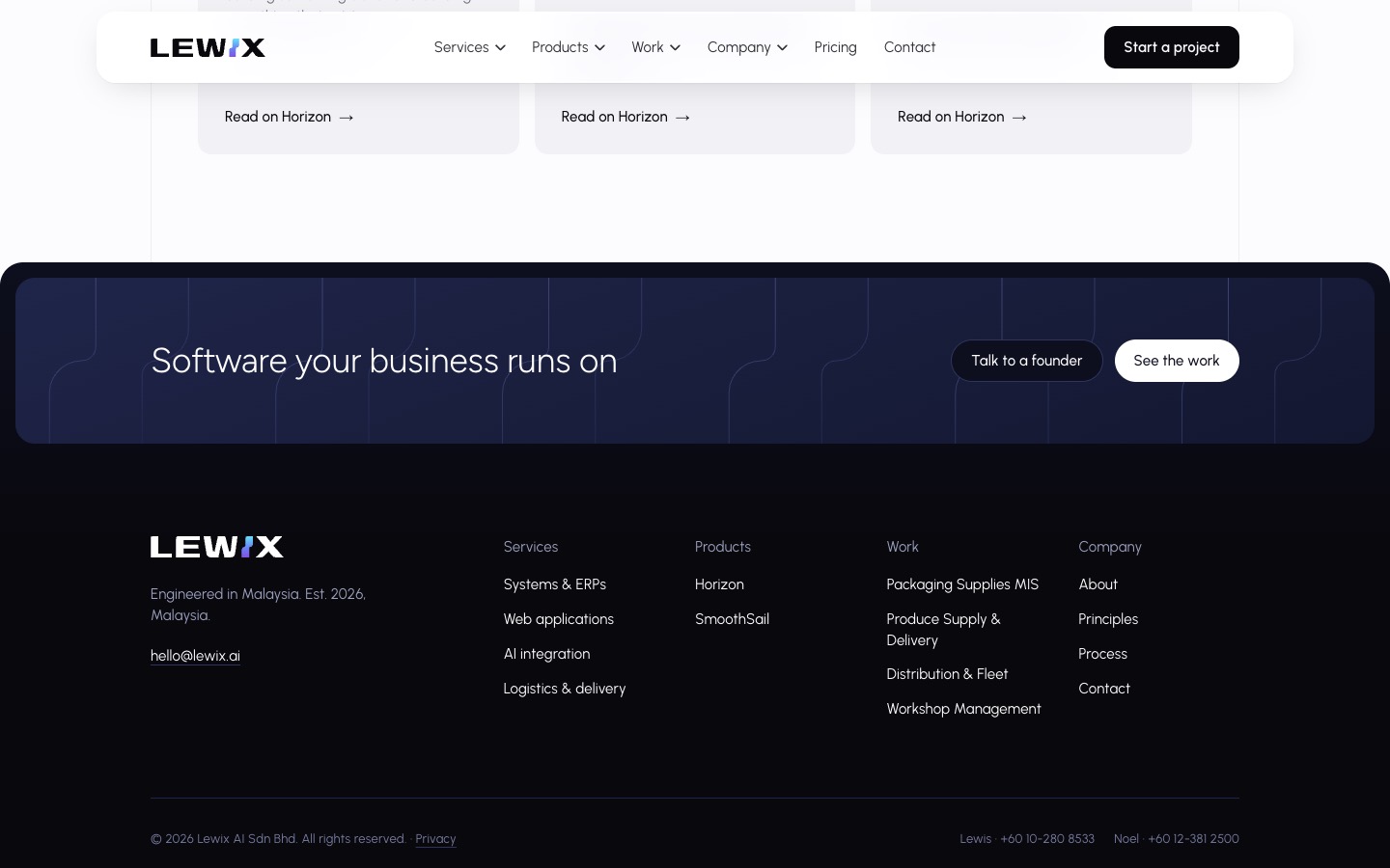 The Lewix company website, desktop, section 4.