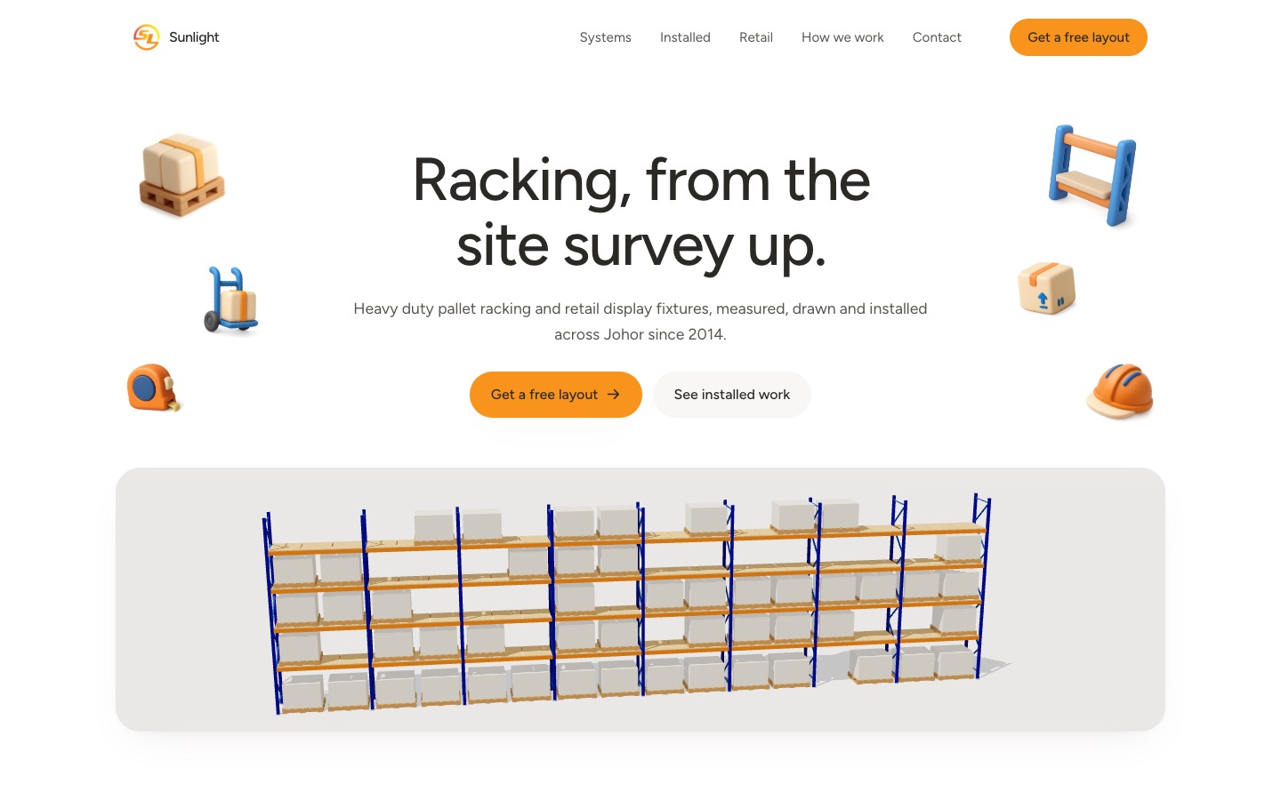 The Sunlight Supplies homepage with the racking system rendered in 3D.